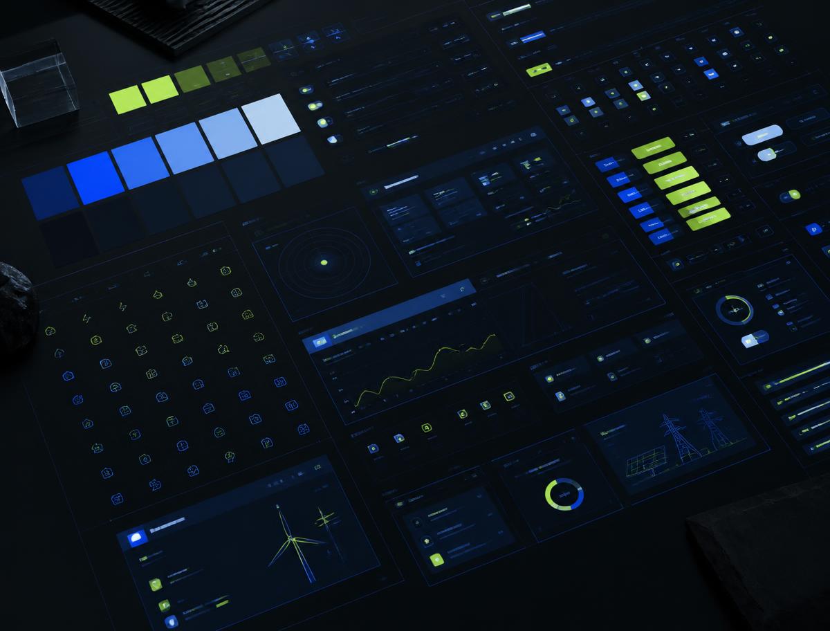 Dark design system workspace with electric blue and lime component patterns
